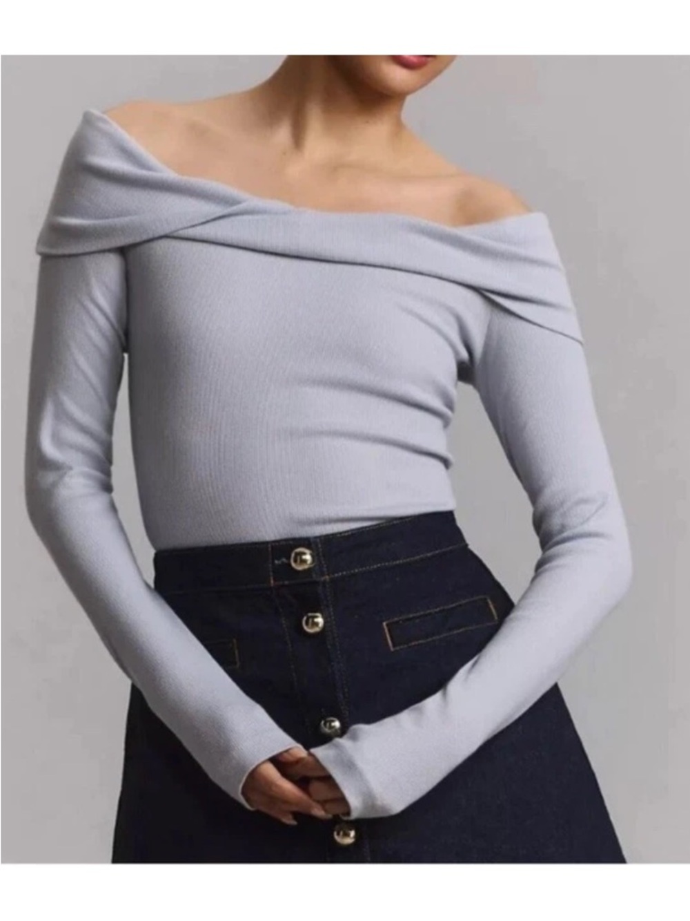 Pilcro Anthropologie Off The Shoulder Light Blue Micro Ribbed Long Sleeve Top